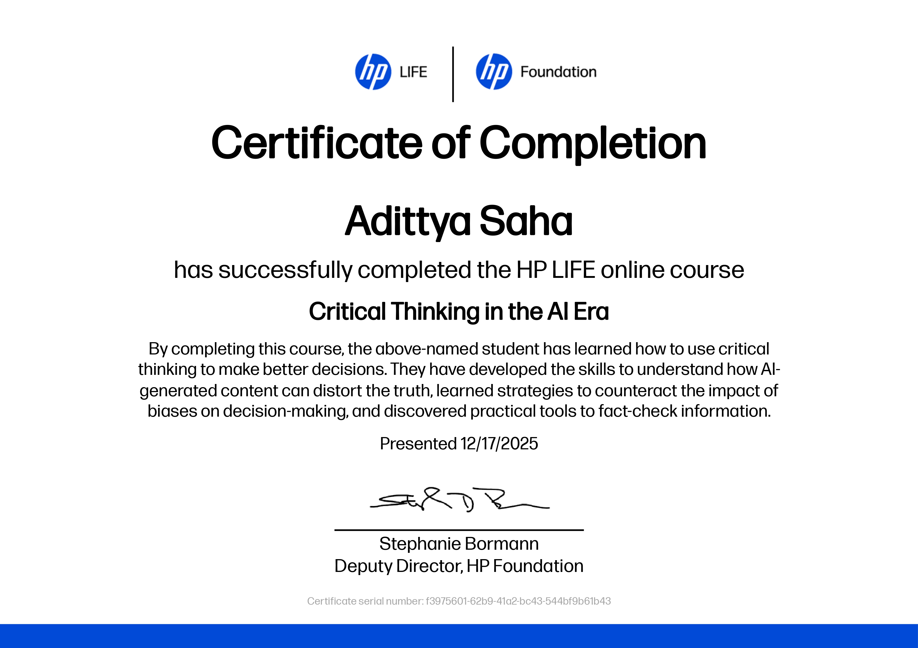 Critical Thinking in AI Era Certificate